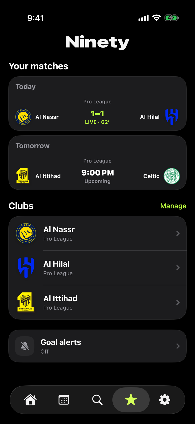 Ninety Following screen with a live match