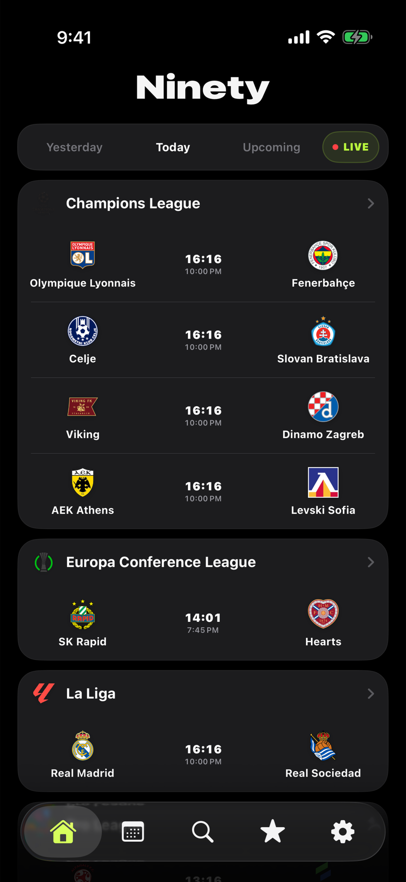 Ninety Home showing matches grouped by competition